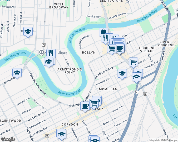map of restaurants, bars, coffee shops, grocery stores, and more near 99 Wellington Crescent in Winnipeg