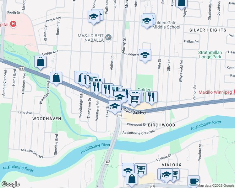 map of restaurants, bars, coffee shops, grocery stores, and more near 234 Moray Street in Winnipeg