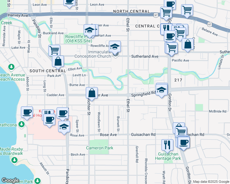 map of restaurants, bars, coffee shops, grocery stores, and more near 854 Cadder Avenue in Kelowna