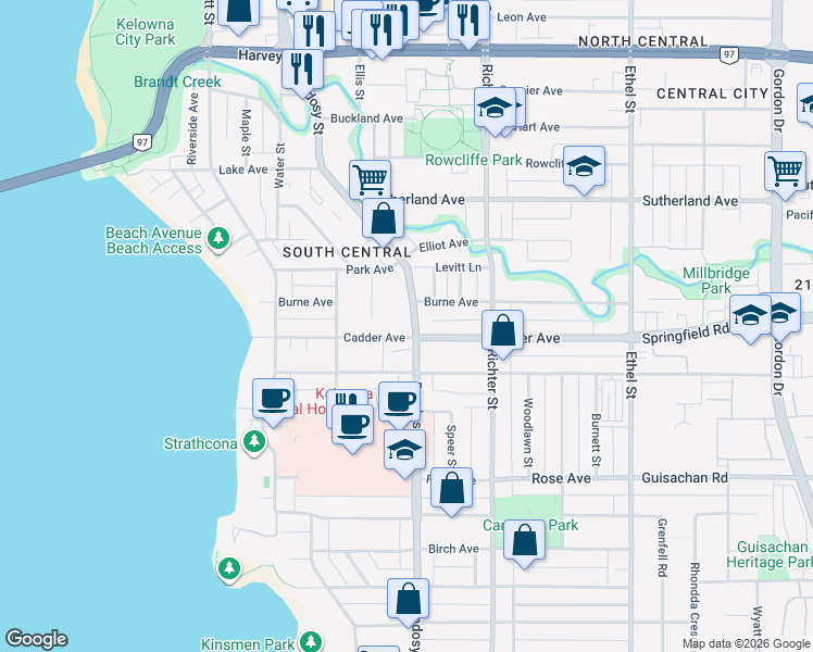 map of restaurants, bars, coffee shops, grocery stores, and more near 486 Cadder Avenue in Kelowna