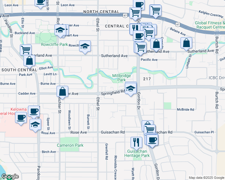 map of restaurants, bars, coffee shops, grocery stores, and more near 970 Springfield Road in Kelowna
