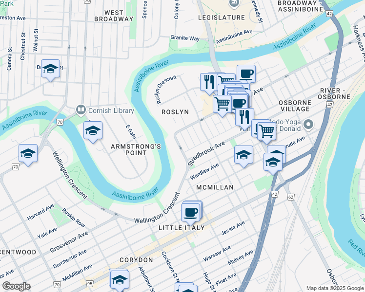 map of restaurants, bars, coffee shops, grocery stores, and more near 116 Wellington Crescent in Winnipeg