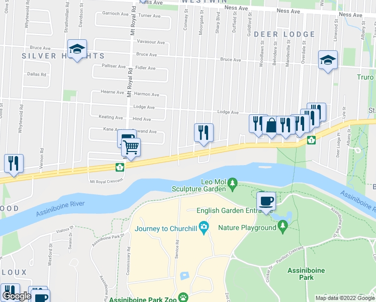 map of restaurants, bars, coffee shops, grocery stores, and more near 2188 Trans-Canada Highway in Winnipeg