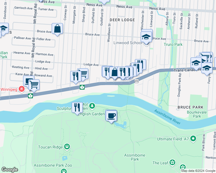 map of restaurants, bars, coffee shops, grocery stores, and more near 2106 Portage Avenue in Winnipeg