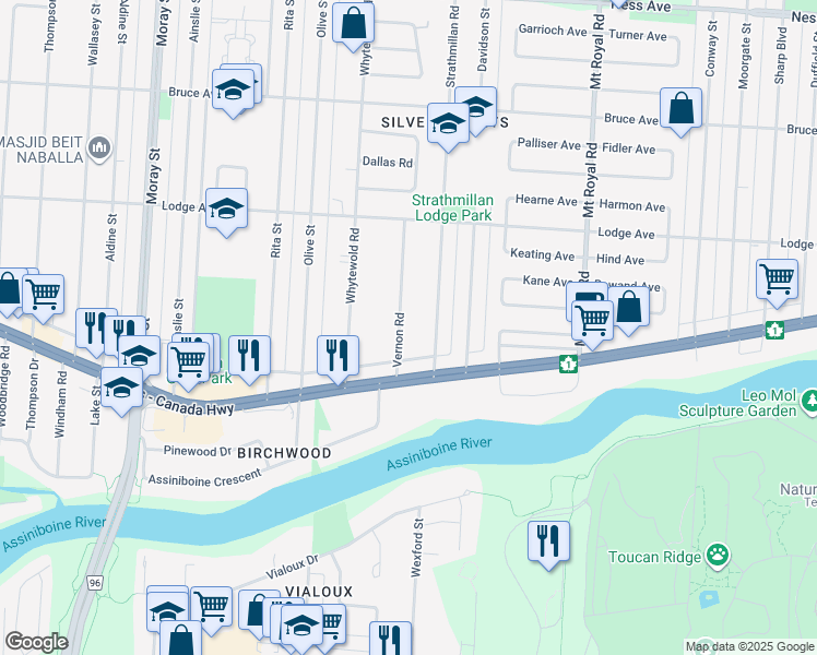 map of restaurants, bars, coffee shops, grocery stores, and more near 213 Vernon Road in Winnipeg