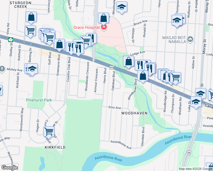 map of restaurants, bars, coffee shops, grocery stores, and more near 191 Harris Boulevard in Winnipeg