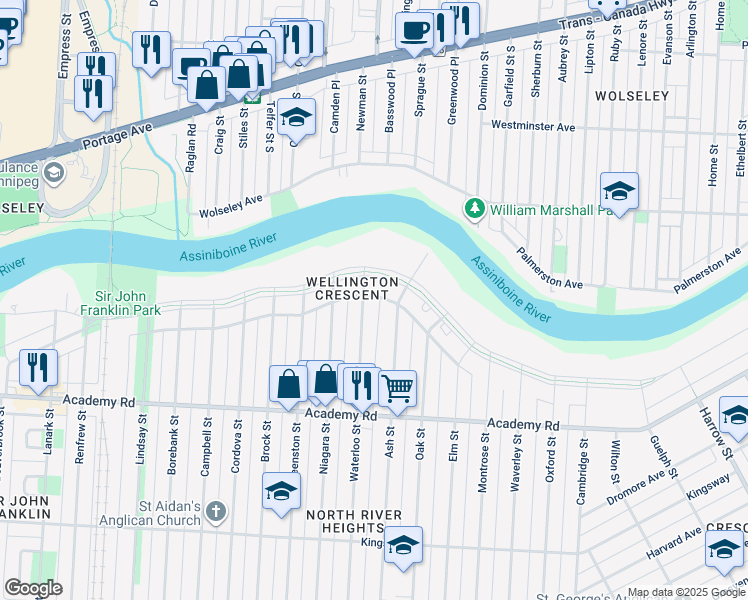 map of restaurants, bars, coffee shops, grocery stores, and more near 57 Waterloo Street in Winnipeg