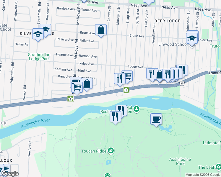 map of restaurants, bars, coffee shops, grocery stores, and more near 2188 Trans-Canada Highway in Winnipeg