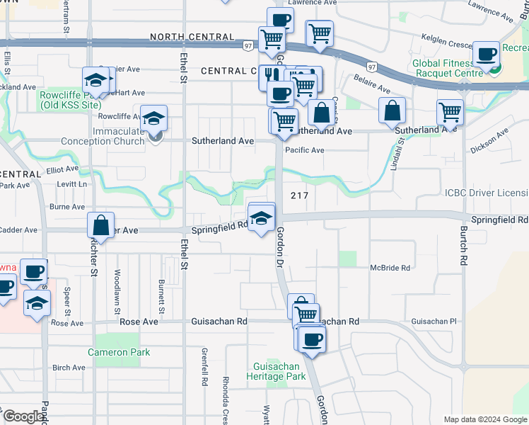 map of restaurants, bars, coffee shops, grocery stores, and more near 2040 Gordon Drive in Kelowna