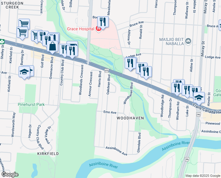 map of restaurants, bars, coffee shops, grocery stores, and more near 191 Oakdean Boulevard in Winnipeg