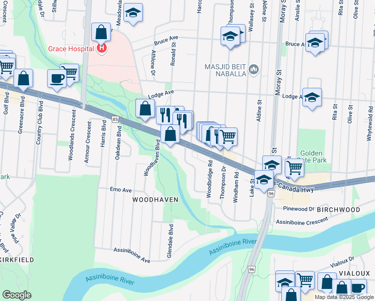 map of restaurants, bars, coffee shops, grocery stores, and more near 195 Old Mill Road in Winnipeg