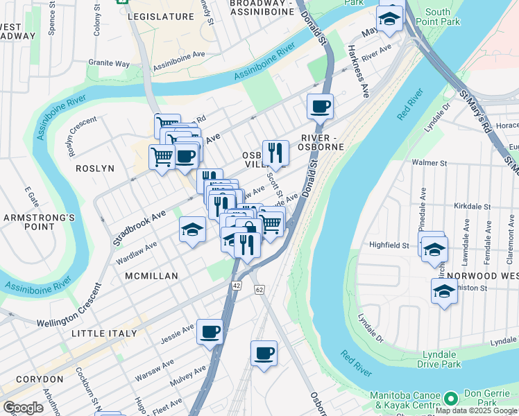 map of restaurants, bars, coffee shops, grocery stores, and more near 391 Gertrude Avenue in Winnipeg