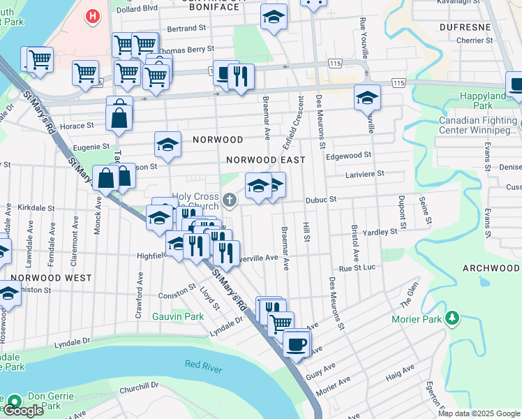 map of restaurants, bars, coffee shops, grocery stores, and more near 282 Dubuc Street in Winnipeg