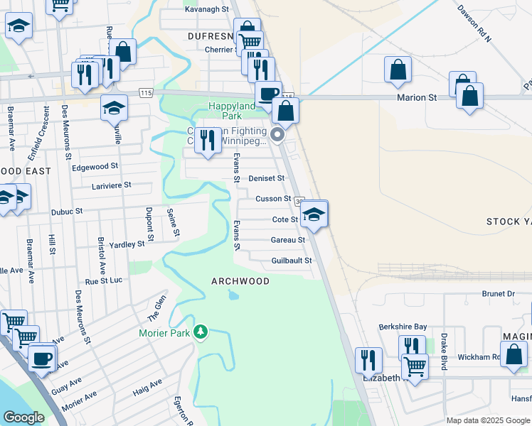 map of restaurants, bars, coffee shops, grocery stores, and more near 597-601 Cusson Street in Winnipeg