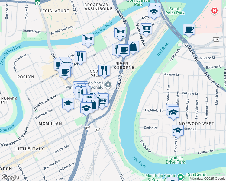 map of restaurants, bars, coffee shops, grocery stores, and more near 6-2 Donald Street in Winnipeg