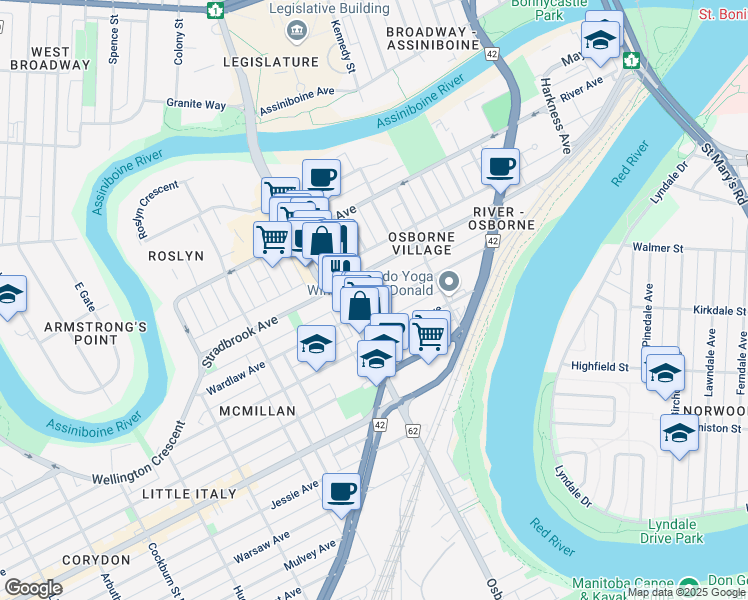 map of restaurants, bars, coffee shops, grocery stores, and more near 435 Wardlaw Avenue in Winnipeg