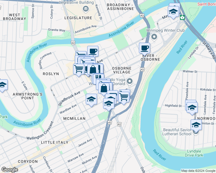 map of restaurants, bars, coffee shops, grocery stores, and more near 435 Wardlaw Avenue in Winnipeg