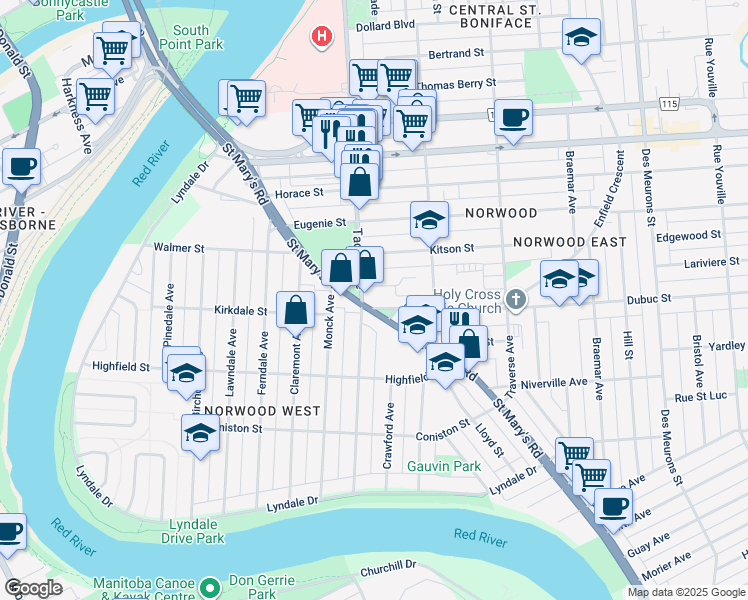 map of restaurants, bars, coffee shops, grocery stores, and more near 200 Hanbury Street in Winnipeg