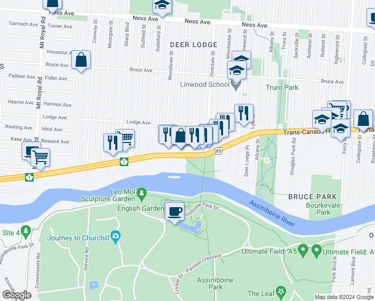 map of restaurants, bars, coffee shops, grocery stores, and more near 207 Belvidere Street in Winnipeg
