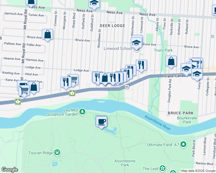 map of restaurants, bars, coffee shops, grocery stores, and more near 2075 Portage Avenue in Winnipeg