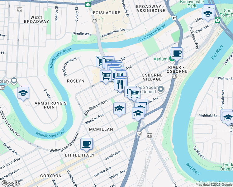 map of restaurants, bars, coffee shops, grocery stores, and more near 491 Stradbrook Avenue in Winnipeg