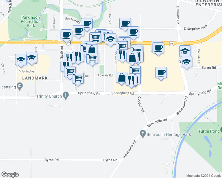 map of restaurants, bars, coffee shops, grocery stores, and more near 1935 Barlee Road in Kelowna