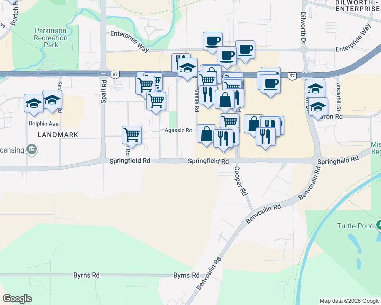 map of restaurants, bars, coffee shops, grocery stores, and more near 1931 Barlee Road in Kelowna