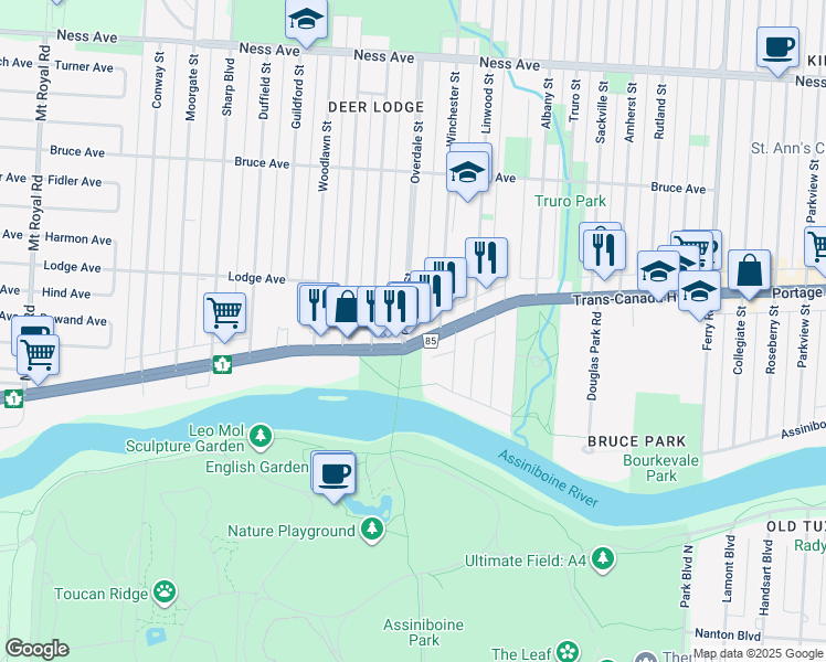 map of restaurants, bars, coffee shops, grocery stores, and more near 2029 Portage Avenue in Winnipeg