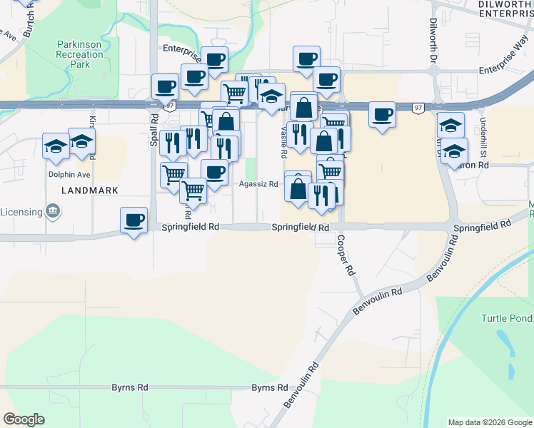 map of restaurants, bars, coffee shops, grocery stores, and more near 1935 Barlee Road in Kelowna