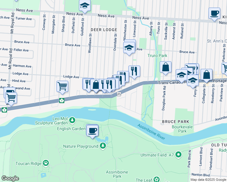 map of restaurants, bars, coffee shops, grocery stores, and more near 199 Overdale Street in Winnipeg