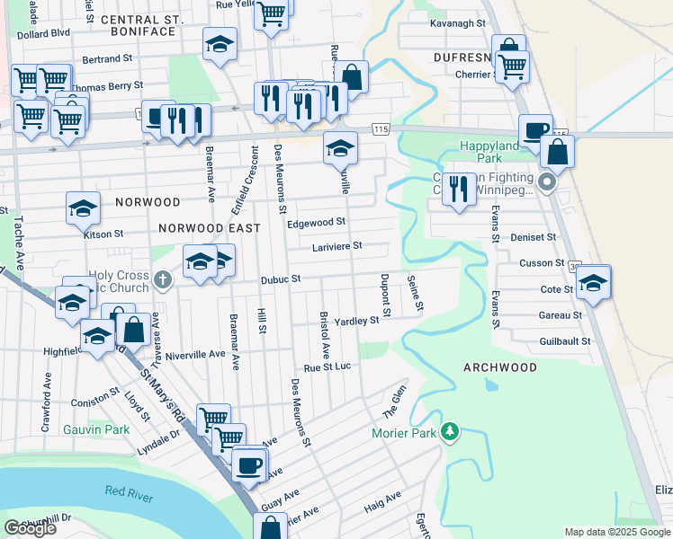 map of restaurants, bars, coffee shops, grocery stores, and more near 401 Dubuc Street in Winnipeg