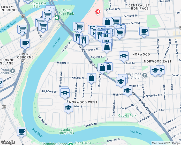 map of restaurants, bars, coffee shops, grocery stores, and more near 189 Claremont Avenue in Winnipeg