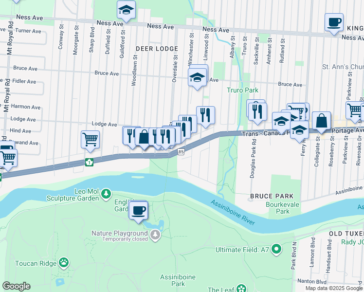 map of restaurants, bars, coffee shops, grocery stores, and more near 2029 Portage Avenue in Winnipeg