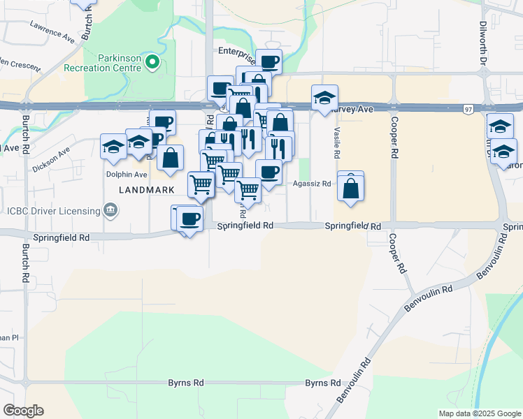 map of restaurants, bars, coffee shops, grocery stores, and more near 1982 Springfield Road in Kelowna