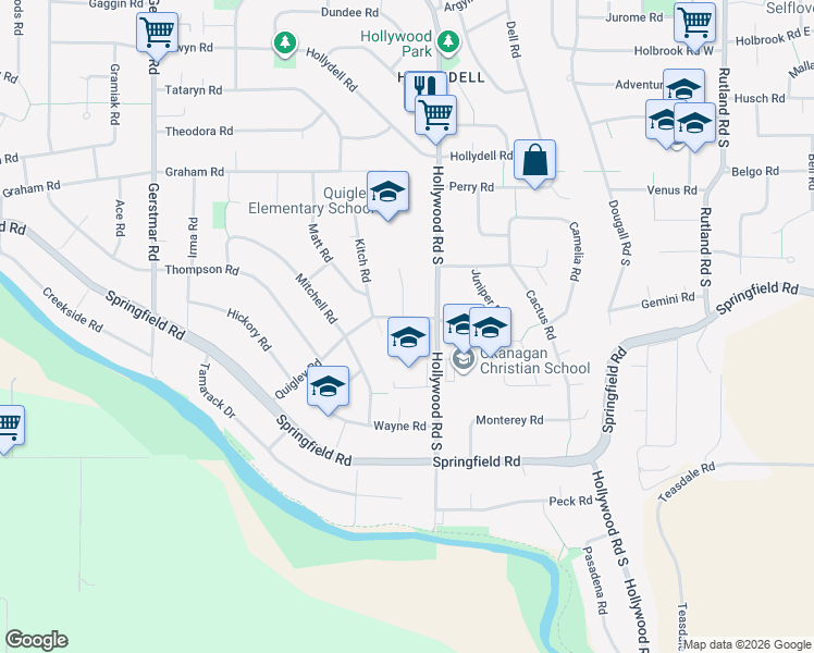 map of restaurants, bars, coffee shops, grocery stores, and more near 723 Quigley Road in Kelowna