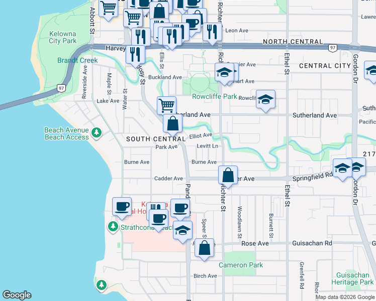 map of restaurants, bars, coffee shops, grocery stores, and more near 2021 Pandosy Street in Kelowna