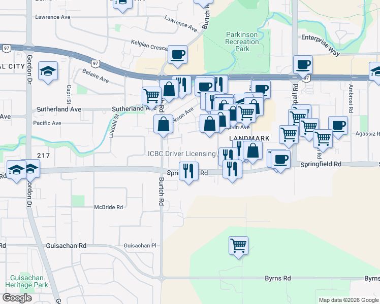 map of restaurants, bars, coffee shops, grocery stores, and more near 1961 Dunn Street in Kelowna