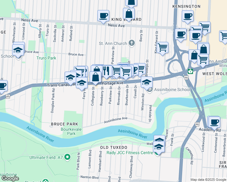map of restaurants, bars, coffee shops, grocery stores, and more near 195 Parkview Street in Winnipeg