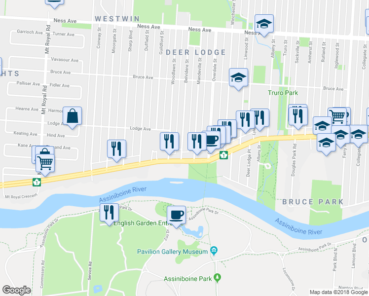 map of restaurants, bars, coffee shops, grocery stores, and more near 207 Belvidere Street in Winnipeg