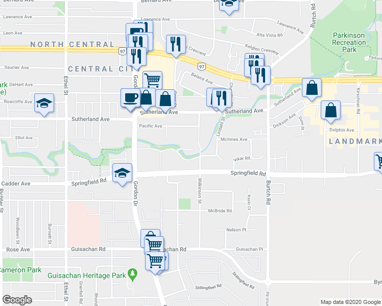 map of restaurants, bars, coffee shops, grocery stores, and more near 1260 Brookside Avenue in Kelowna