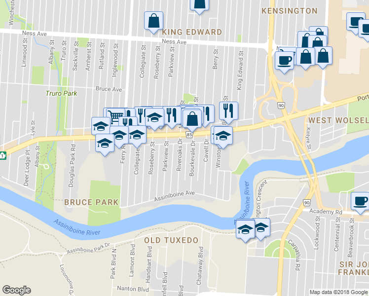 map of restaurants, bars, coffee shops, grocery stores, and more near 191 Riveroaks Drive in Winnipeg