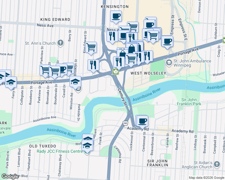map of restaurants, bars, coffee shops, grocery stores, and more near 1712 Portage Avenue in Winnipeg