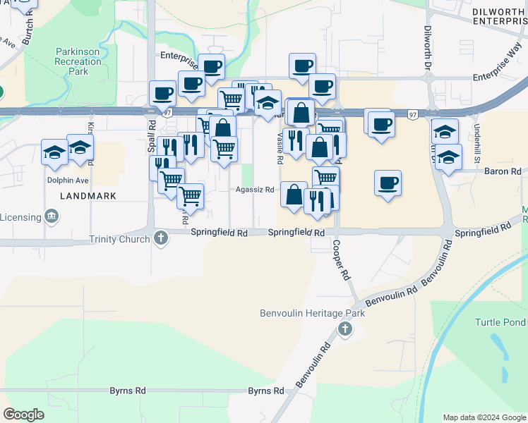 map of restaurants, bars, coffee shops, grocery stores, and more near 1935 Barlee Road in Kelowna
