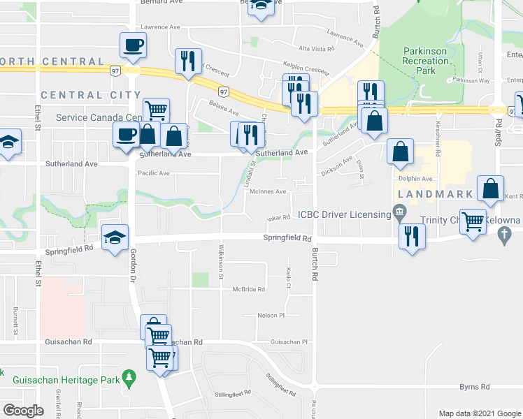 map of restaurants, bars, coffee shops, grocery stores, and more near 1410 Inkar Road in Kelowna