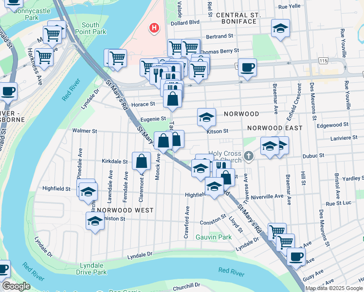 map of restaurants, bars, coffee shops, grocery stores, and more near 200 Hanbury Street in Winnipeg