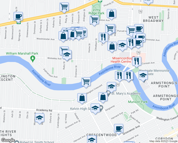 map of restaurants, bars, coffee shops, grocery stores, and more near 895 Palmerston Avenue in Winnipeg