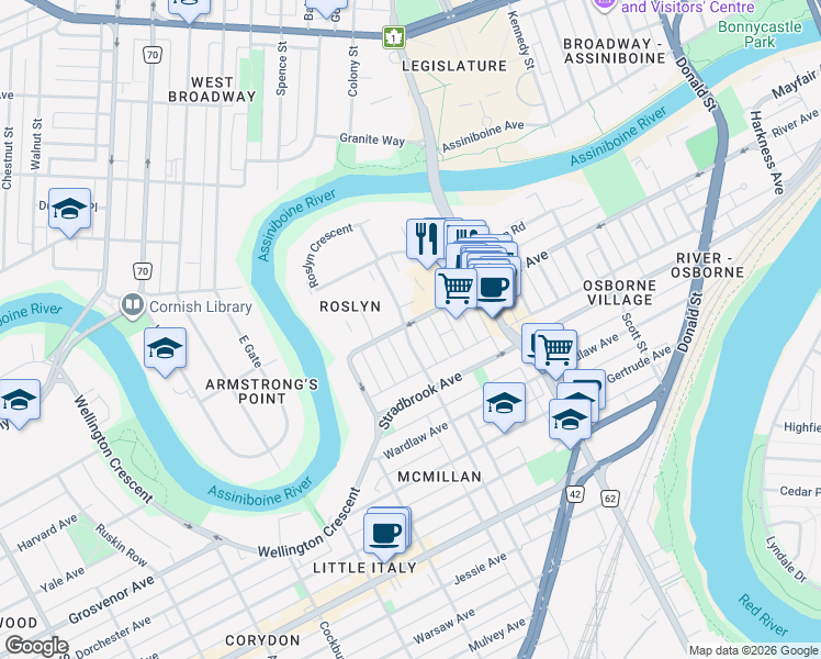 map of restaurants, bars, coffee shops, grocery stores, and more near 530 River Avenue in Winnipeg
