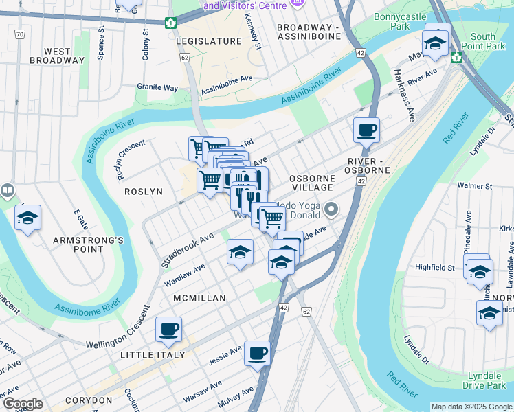 map of restaurants, bars, coffee shops, grocery stores, and more near 445 Stradbrook Avenue in Winnipeg
