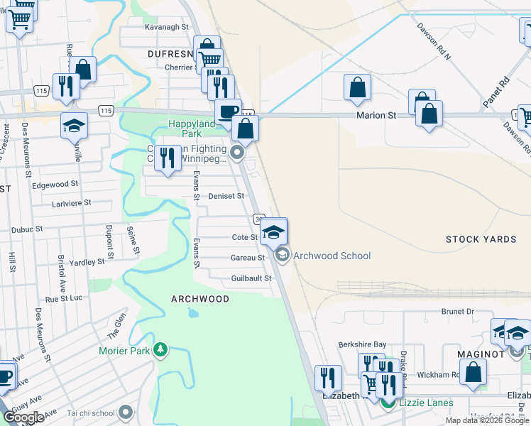 map of restaurants, bars, coffee shops, grocery stores, and more near 740 Archibald Street in Winnipeg