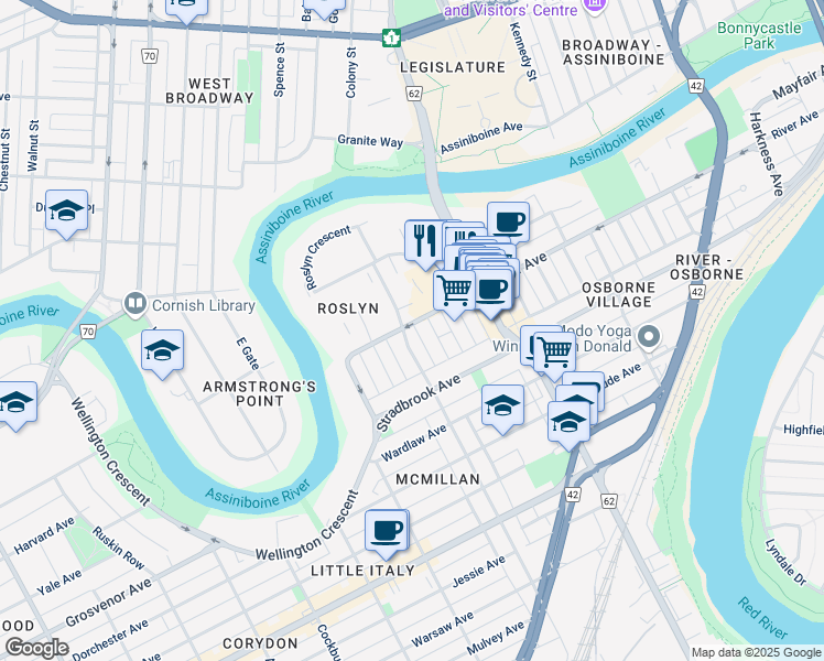 map of restaurants, bars, coffee shops, grocery stores, and more near 96 Nassau Street North in Winnipeg